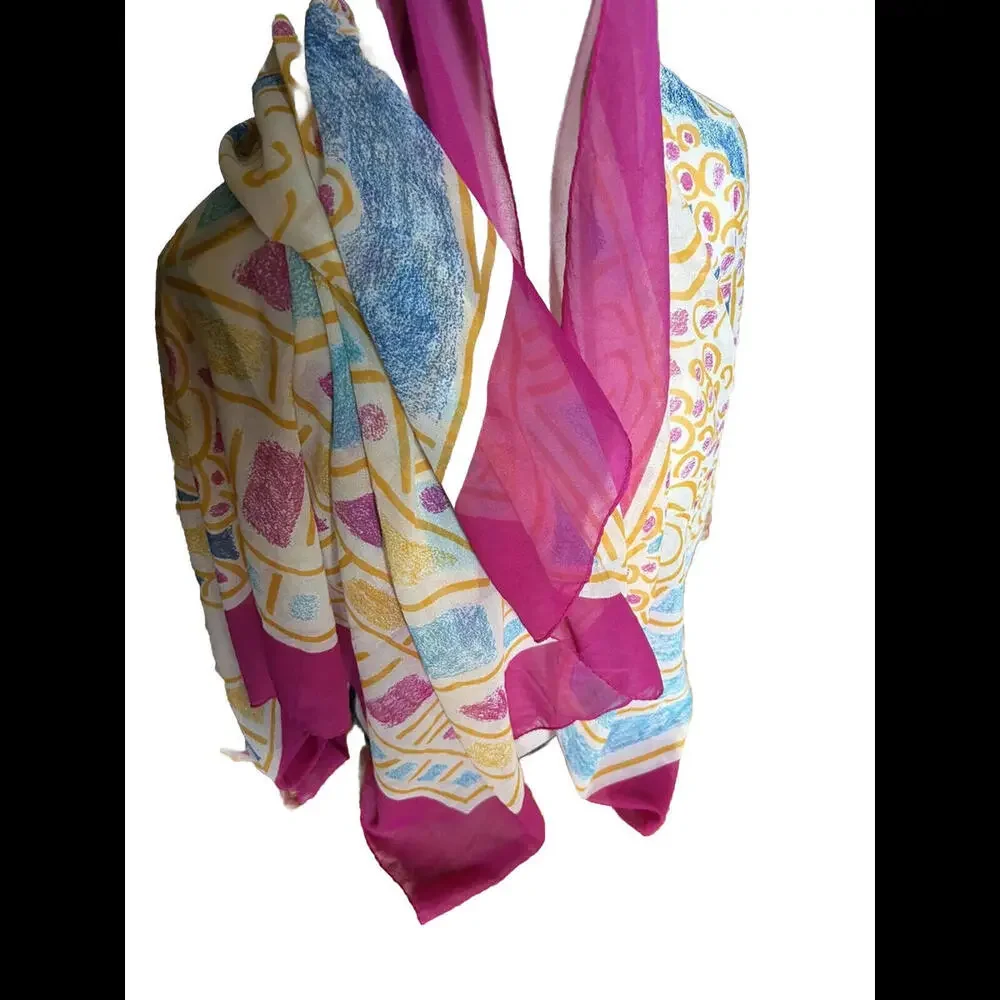 🥻Pretty Patterned White Pink Blue Square Scarf